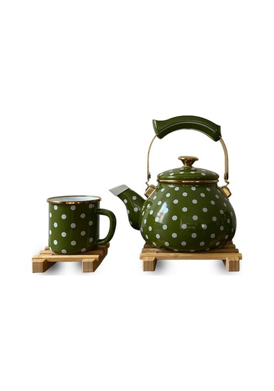 Morponi Retro Emaye Çaydanlık Ve Kupa Takımı 6 Parça Puantiyeli Set Yeşil Yeşil