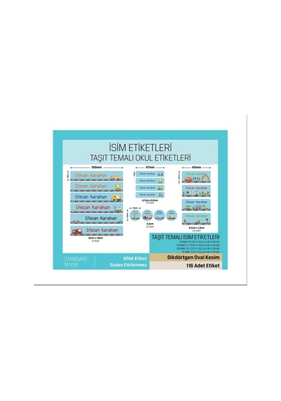 Okul İçin Kalem Defter Etiketi, Taşıt Konsept Etiketi - 116 Adet Opak Sticker Renkli