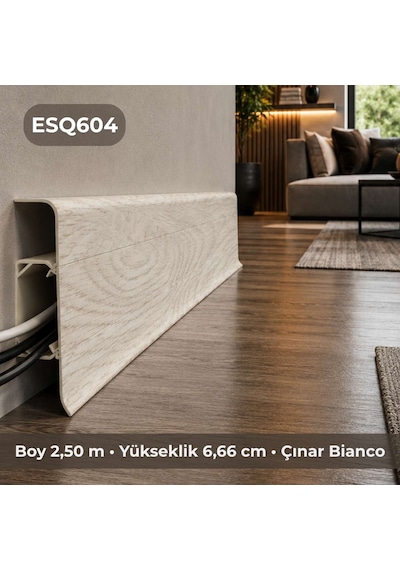 Esquero Kablo Kanallı PVC Süpürgelik 250 cm, Açılabilir Kapaklı, Çınar Bianco, ESQ604