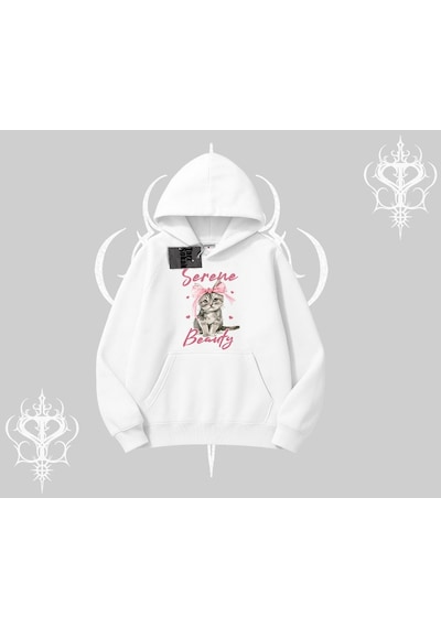 Serene Beauty Kedi Baskılı Kapşonlu Sweatshirt Beyaz