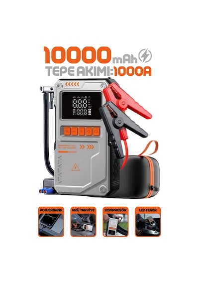 10000mah Taşınabilir Akü Takviyeli Kompresörlü Hava Pompası Led Işıklı Powerbank Lastik Şişirme