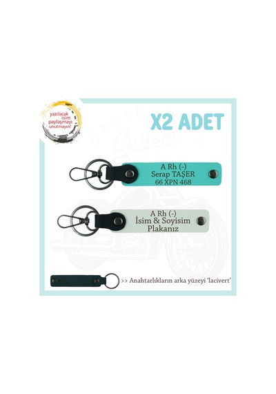 Motor Severler İçin, İsim Plaka Ve A Rh - Kan Grubu X2' Li Anahtarlık, Hediye , Beyaz-turkuaz-laci
