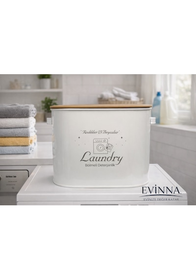 Evinna Bölmeli Metal Kapaklı Ölçekli Toz Deterjanlık, Laundry Baskılı Beyaz Çamaşır Detarjanlığı
