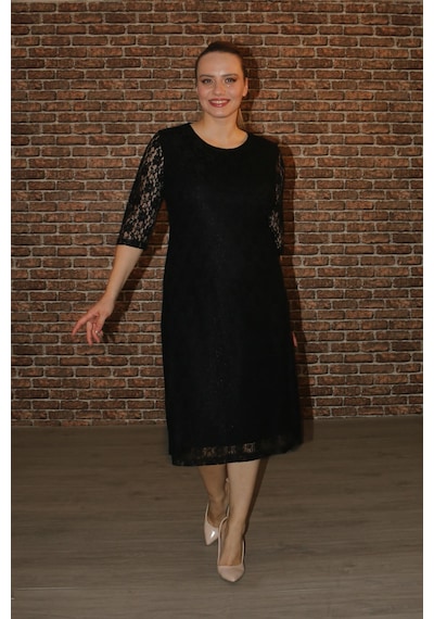 Nidya Moda Büyük Bedenyarım Kol Dantel Elbise-4009Ds Siyah