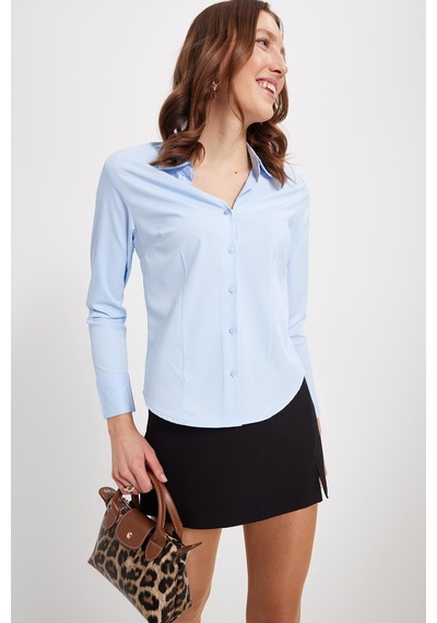 Tudors Kadın Slim Fit Dar Kesim Klasik Yaka Uzun Kollu Mavi Gömlek-40355 Mavi