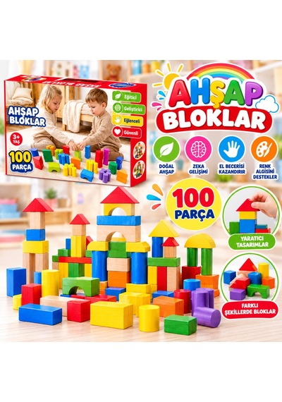 Ony-417 Kutuda Ahşap 100 Parça Renkli Bloklar Diğer