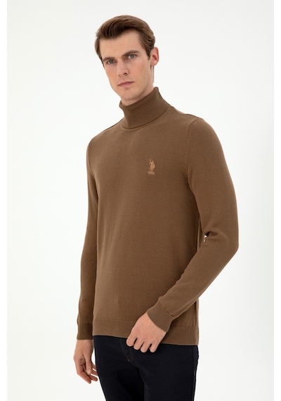 U.S. Polo Assn. Erkek Slim Fit Boğazlı Yaka Haki Melanj Basic Kazak 50288884-VR125
