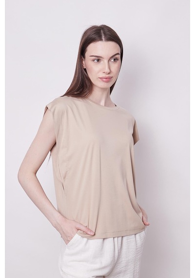 Jument Şık Likralı Span Kumaş Kolsuz Geniş Sıfır Yaka Düşük Omuzlu Basic Tshirt Bluz-koyu Bej K.bej