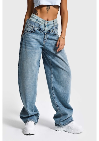 it's basic Kadın Kot Rengi 4s6-32 Barrel Fit Bol Kesim Çift Kemer Detaylı Tasarım Denim Jean Mavi