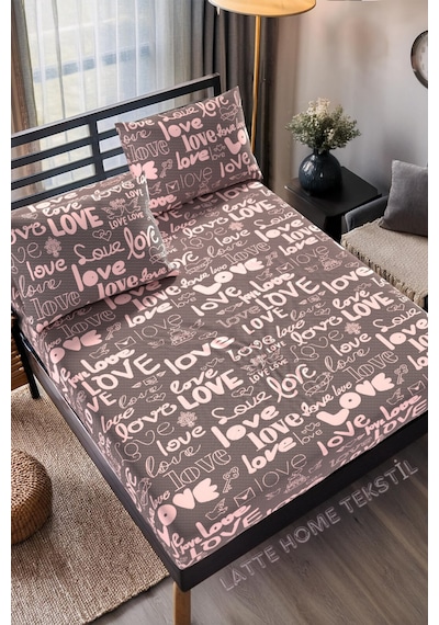 Mocha Love Desenli Pamuklu Kumaş Lastikli Çarşaf Takımı Mürdüm