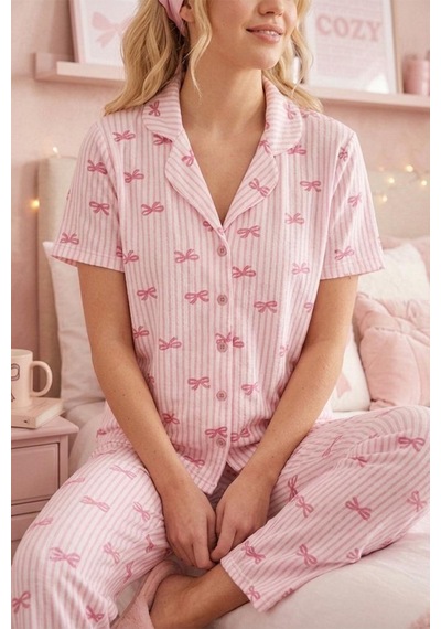 Pembe Kurdele Desenli Bürümçük Kumaş Kısa Kollu Pijama Takımı 6064