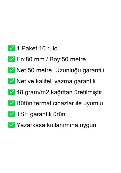 80x50 Metre Yazarkasa Ve Adisyon Rulosu 10'lu Paket / En:80 Mm Boy:50 Metre