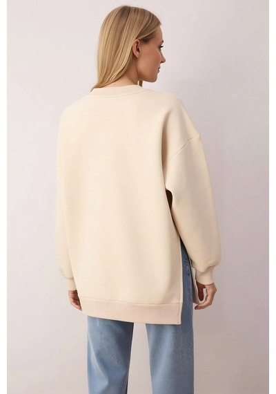 Benerly Kadın Bisiklet Yaka Düşük Kol Oversize Kalın Örme Sweatshirt Fonk Bej
