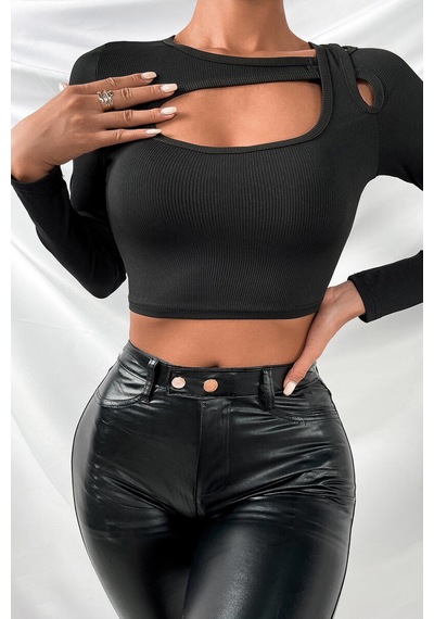Kadın Siyah Göğüs Dekolteli Çapraz Askılı Uzun Kollu Crop Top Bluz