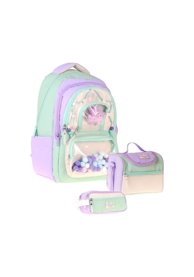 Calacilo Rainbow Lila Yeşil Renkli Lila - Yeşil Kız Çocuk Üçlü İlkokul Okul Çantası Seti - Setcc-c4089a Çok Renkli