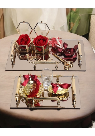Reverence Gold Söz Tepsisi Ve Damat Tepsisi Seti Kırmızı Kırmızı