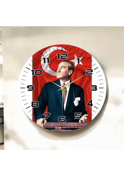 Renkli Baskı Atatürk Türk Bayrak Desenli Sayılı Hediyelik Ahşap Sessiz Duvar Saati 50cm ÇOk Renkli