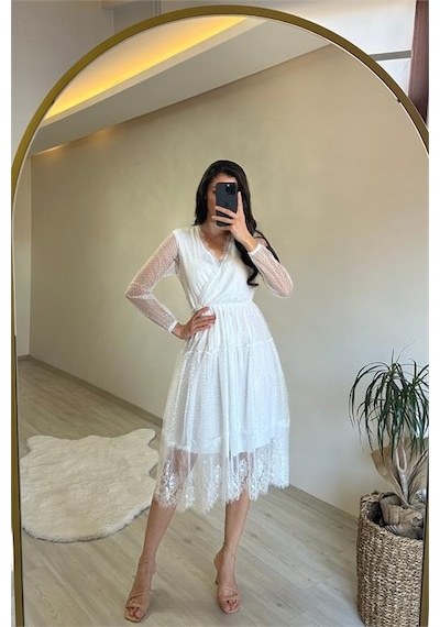 Neşeli Butik Kadın Kruvaze Yaka Dantelli Tül Elbise Nm010 Beyaz