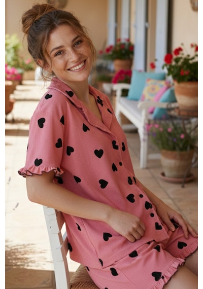 Siyah İnci Bürümcük-krınkıl Kısa Kollu Düğmeli Şortlu Pijama Takım 26120126 Pembe Siyah