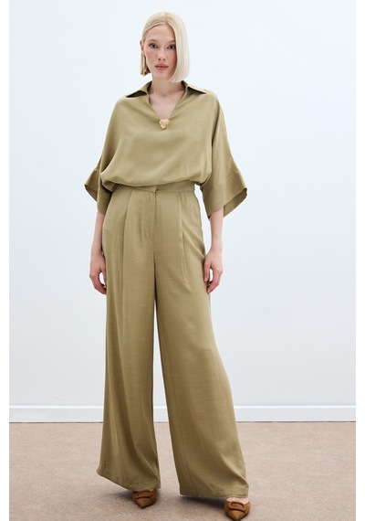 Sateen Keten Karışımlı Pantolon - Haki-136275 Haki
