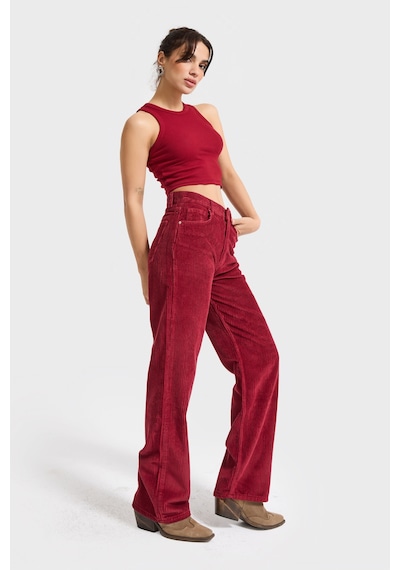Itsbasic Kadın Bordo Renk Doris 26w5-35 Straight Fit Yüksek Bel Kalın Fitilli Velvet Kadife Kumaş Pantolon
