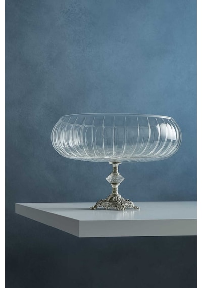 Elta Collection Lotus Kristal 24 Cm Kesme Dekor Metal Ayaklı Salata Kasesi Cam Sunumluk- Servis Tabağı gümüş