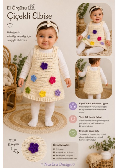 Nurera Design El Örgüsü Kız Bebek Çiçekli Elbise-el Yapımı Pamuklu Örgü Jile Elbise Krem Krem Nurera Design El Örgüsü Kız Bebek Çiçekli Elbise-el Yapımı Pamuklu Örgü Jile Elbise Krem Krem