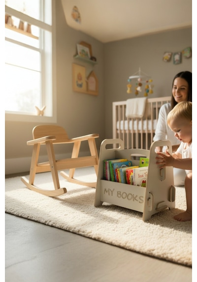 Montessori Ahşap Çocuk Kitaplığı Gri Eğitici Ve Dekoratif Tasarım - Kitaplık Beyaz