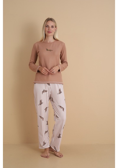 Wordex Mırano 3103 Waffle Soft Kumaş Köpek Desenli Kışlık Ev Kadın Pijama Takımı Vizon
