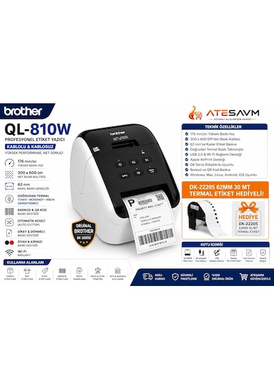 Brother P-touch Ql-810wc 62mm E Kadar Baskı Dk Serisi Usb Wi-fi Etiket Yazıcı + Dk-22205 62mm Termal Etiket, 30 Metre