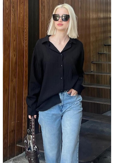 Madmext Siyah Uzun Kollu Çizgili Oversize Gömlek Mg2080-siyah Siyah