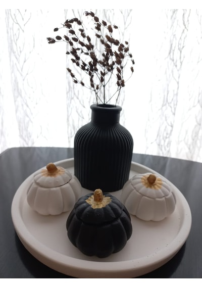 Tabakta 3'lü Mini Balkabağı Vazo Dekoratif Beyaz Siyah Set 03