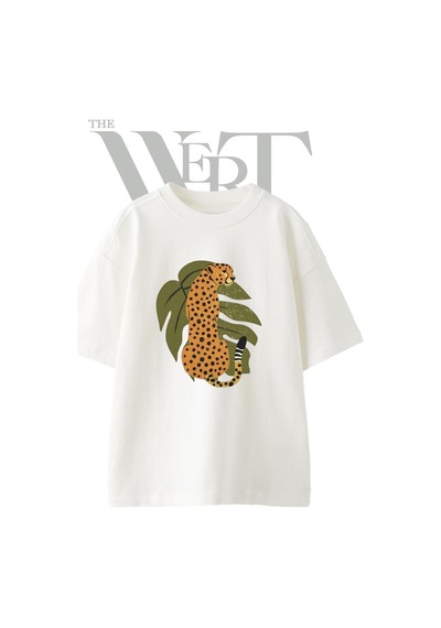 Thewert Cheetah Tasarım Baskılı Ünisex Beyaz Oversize T-shirt