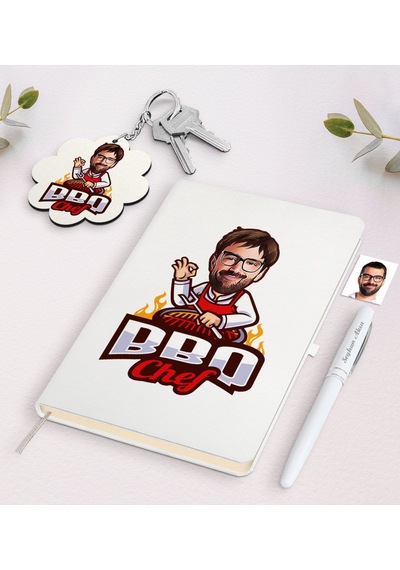 Kişiye Özel Erkek Barbekü Chef Karikatürlü Beyaz Defter Kalem Ve