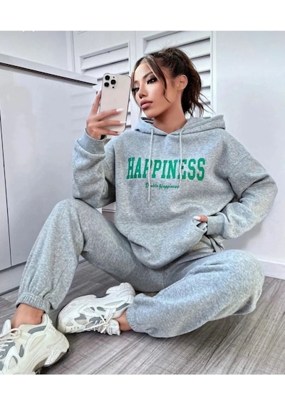 Gri Happiness Baskılı Kapüşonlu Kombin Alt Üst Eşofman Takımı Gri