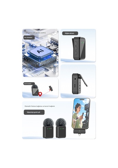 Kablosuz Tüylü Yaka Mikrofonu Apple iPhone Uyumlu  Type-c Pc Tablet Video Kayıt Vlog Lightning Usb-c Çıkış