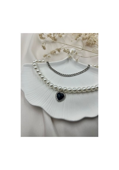 Lunarie Vintage Gümüş İnci Siyah Kalp Katmanlı Kolye