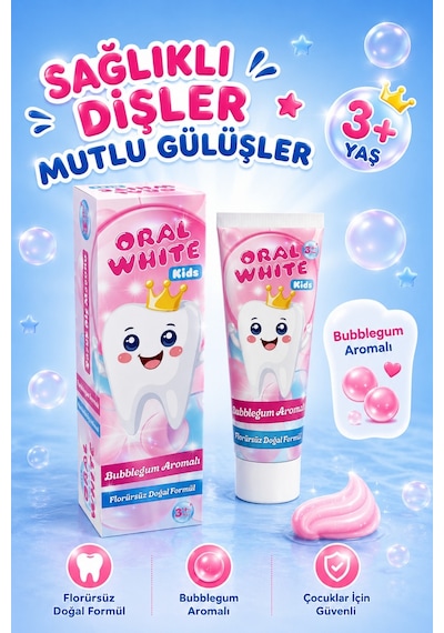 Oral White Kids Çocuk Diş Macunu 3+ Yaş Bubblegum Aromalı Florürsüz Doğal Formül 50 Ml Tam Koruma