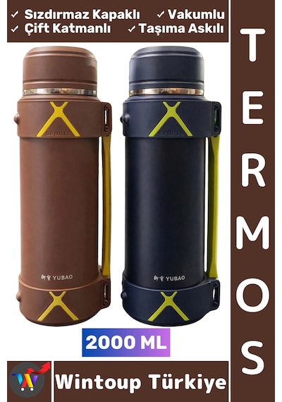 Termos Kamp Outdoor Piknik Sızdırmaz Kapaklı Çift Katmanlı Vakumlu Taşıma Askılı Mug Termos 2000 Ml Çok Renkli