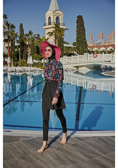 Remsa Color Neon Crop Görünümlü Önü Kapaklı Tam Kapalı Tesettür Mayo Rms-r046-26 Siyah