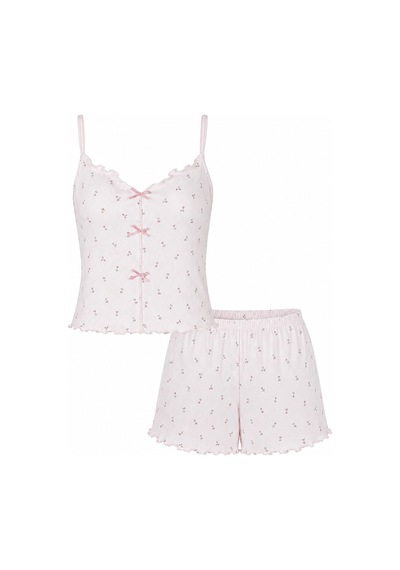 Koza İç Giyim Kadın İnce Askılı Fiyonklu Pamuklu Şortlu Pijama Takımı Kk30228 Pembe - Ekru