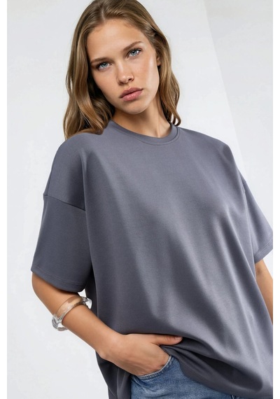 Hiccup Oversize Bisiklet Yaka Modal Touch Örme Tişört Gri