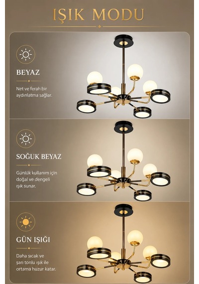 8'li Modern Premium Siyah Gold 3 Renkli Ledli Sarkıt Avizesi Salon Mutfak Oturma Odası Modelleri 72w