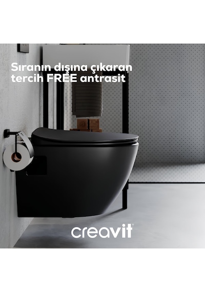 Creavit Free Kanallı Mat Antrasit Asma Klozet Fe320-00am00e, Creavit Duck Duroplast Yavaş Kapak Antrasit