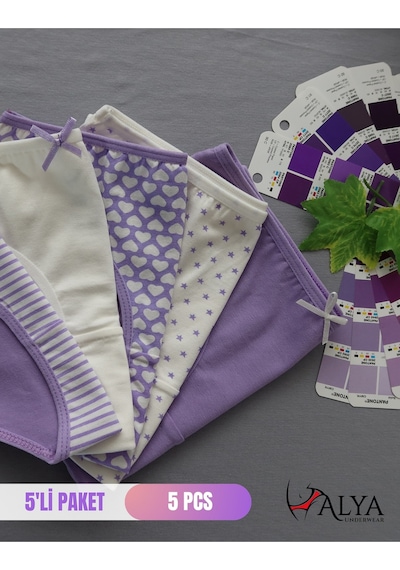 Alya Underwear Kız Çocuk Kalpli Dokuma Lastik Pamuklu Kumaş Slip Külot 5'li Paket 5 Adet Beyaz Lila P28
