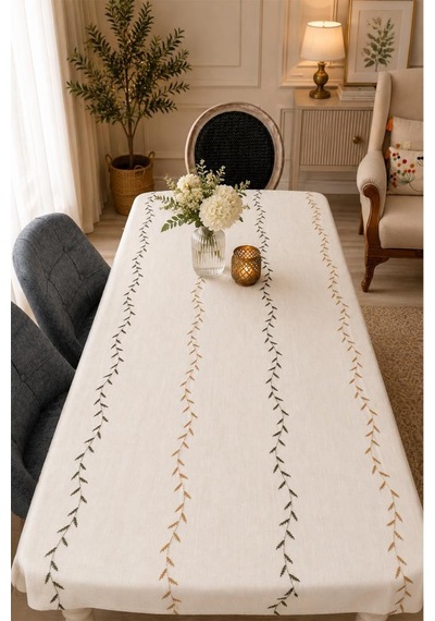 Anatolia Nakışlı Keten Masa Örtüsü Takımı 160x220 Cm Krem