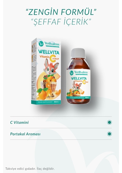 Wellvalens Wellvita Vitamin C Şurup 100 Ml - Çocuklar İçin C Vitamini Takviyesi - Portakal Aromalı Sıvı Form