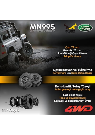 Mn Model Mn99s V2 1/12 Land Rover Defender 4wd Rc Model Crawler Offroad Uzaktan Kumandalı Araba Truck Rtr Lisanslı Gümüş+dahili Işık Seti Mn-99s V2