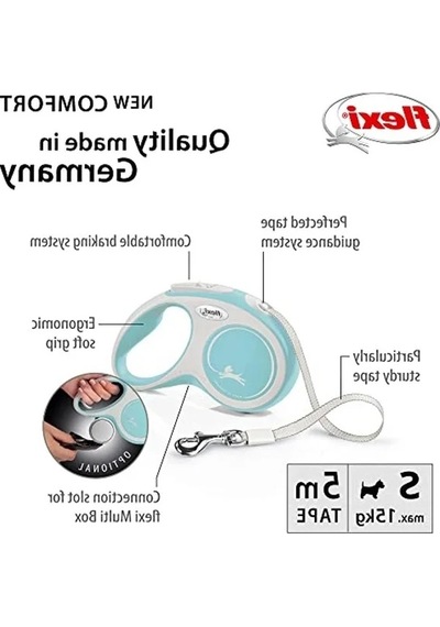 Açık Mavi Şerit Tasma 5m, S Beden, Konforlu Yürüyüş İçin