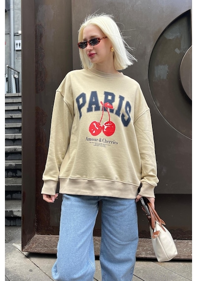 Bej Bisiklet Yaka Basic Sweatshirt Mg2233